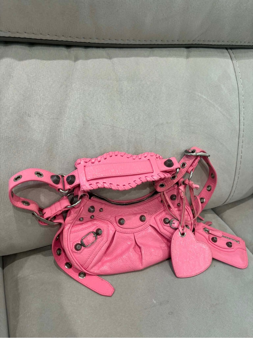 Balenciaga Pink Studded Heart Charm Shoulder Bag